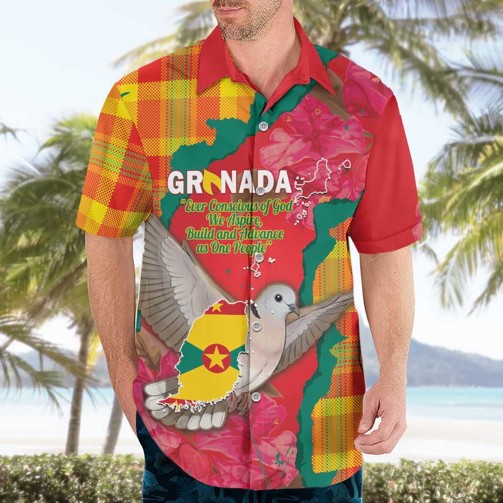 Grenada Independence Day Personalized Hawaiian Shirt Tropical Dove Bougainvillea Madras Pattern