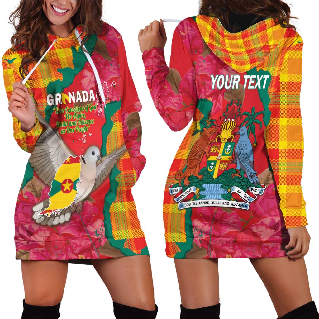 Grenada Independence Day Personalized Hoodie Dress Tropical Dove Bougainvillea Madras Pattern