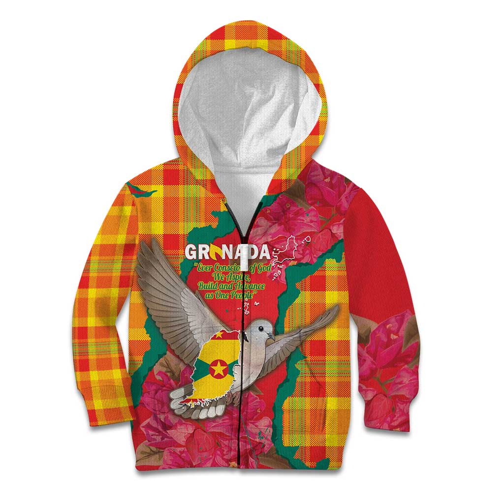 Grenada Independence Day Personalized Kid Hoodie Tropical Dove Bougainvillea Madras Pattern