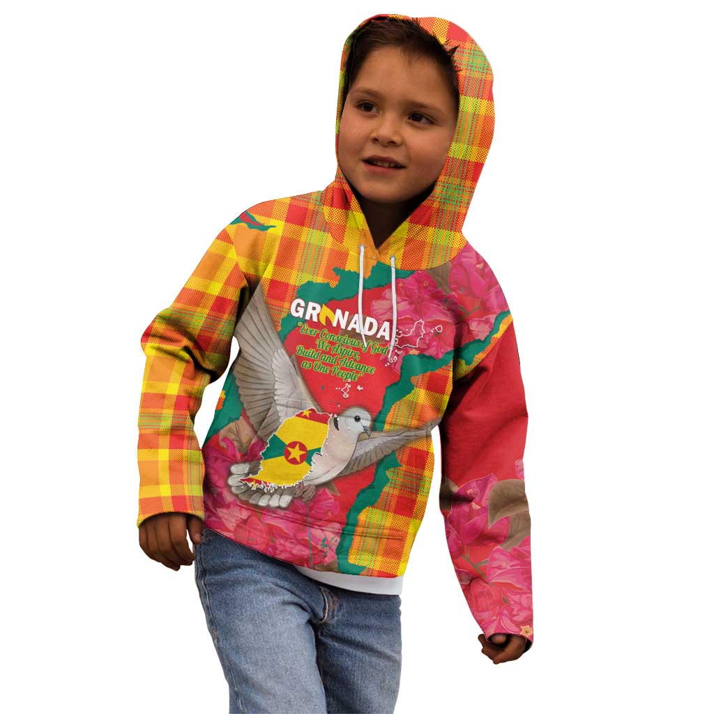 Grenada Independence Day Personalized Kid Hoodie Tropical Dove Bougainvillea Madras Pattern