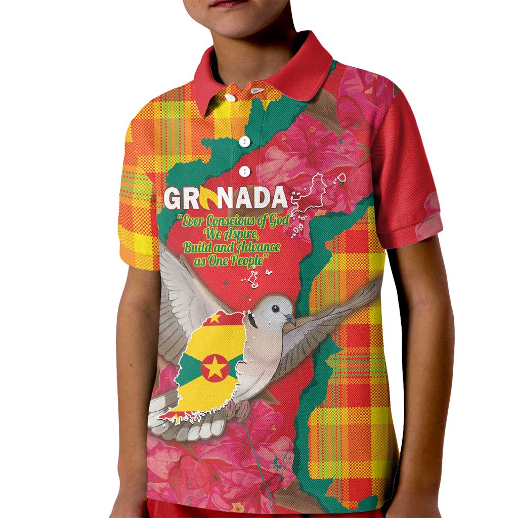 Grenada Independence Day Personalized Kid Polo Shirt Tropical Dove Bougainvillea Madras Pattern