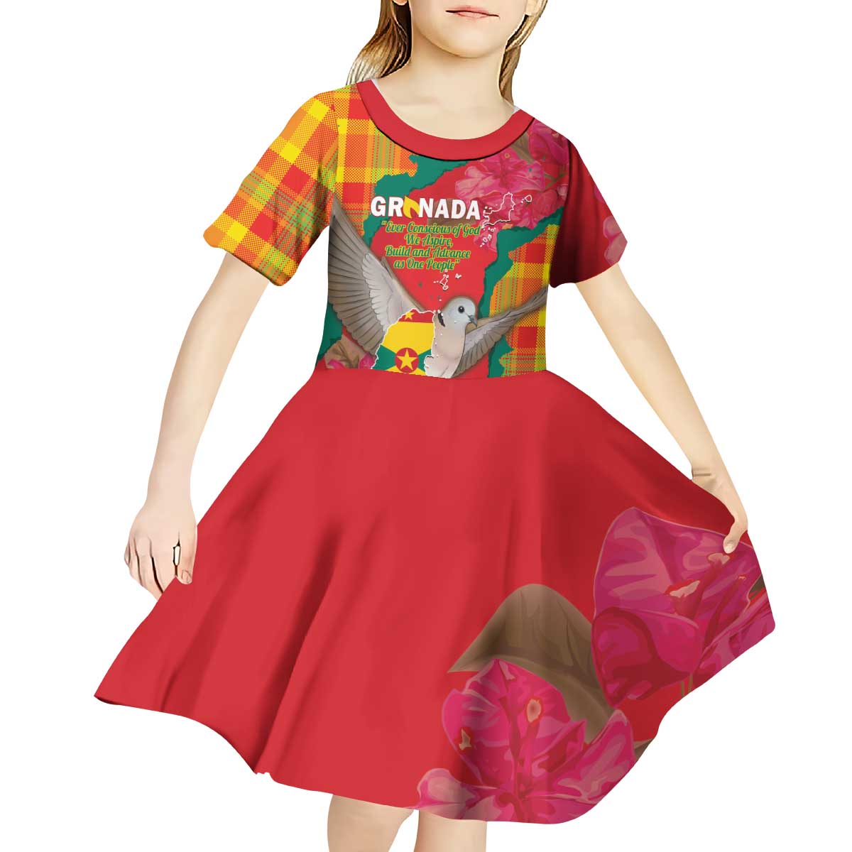 Grenada Independence Day Personalized Kid Short Sleeve Dress Tropical Dove Bougainvillea Madras Pattern