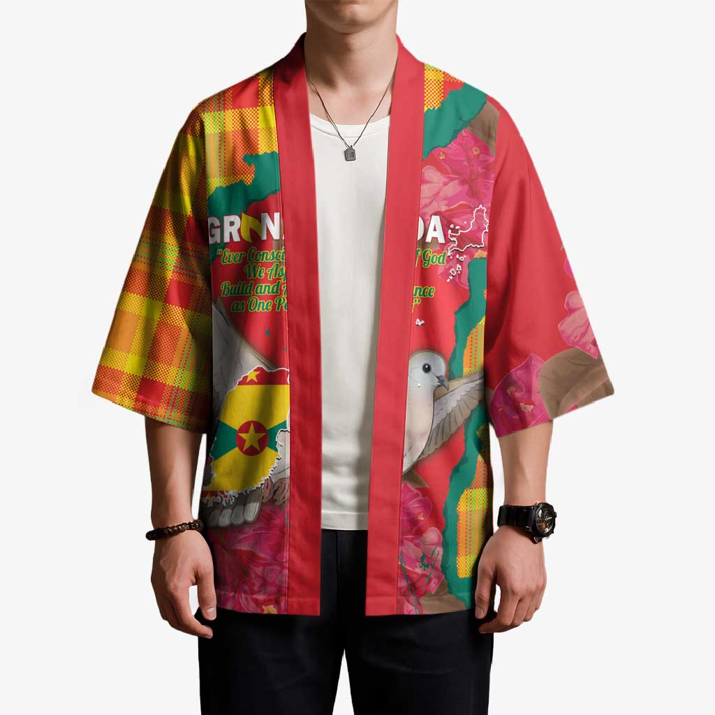 Grenada Independence Day Personalized Kimono Tropical Dove Bougainvillea Madras Pattern