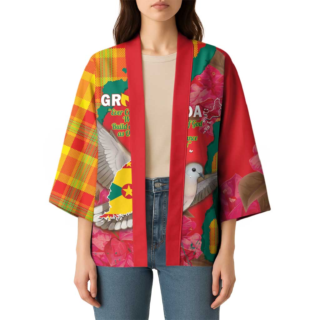 Grenada Independence Day Personalized Kimono Tropical Dove Bougainvillea Madras Pattern