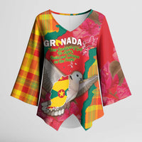 Grenada Independence Day Personalized Kimono Sleeve Blouse Tropical Dove Bougainvillea Madras Pattern