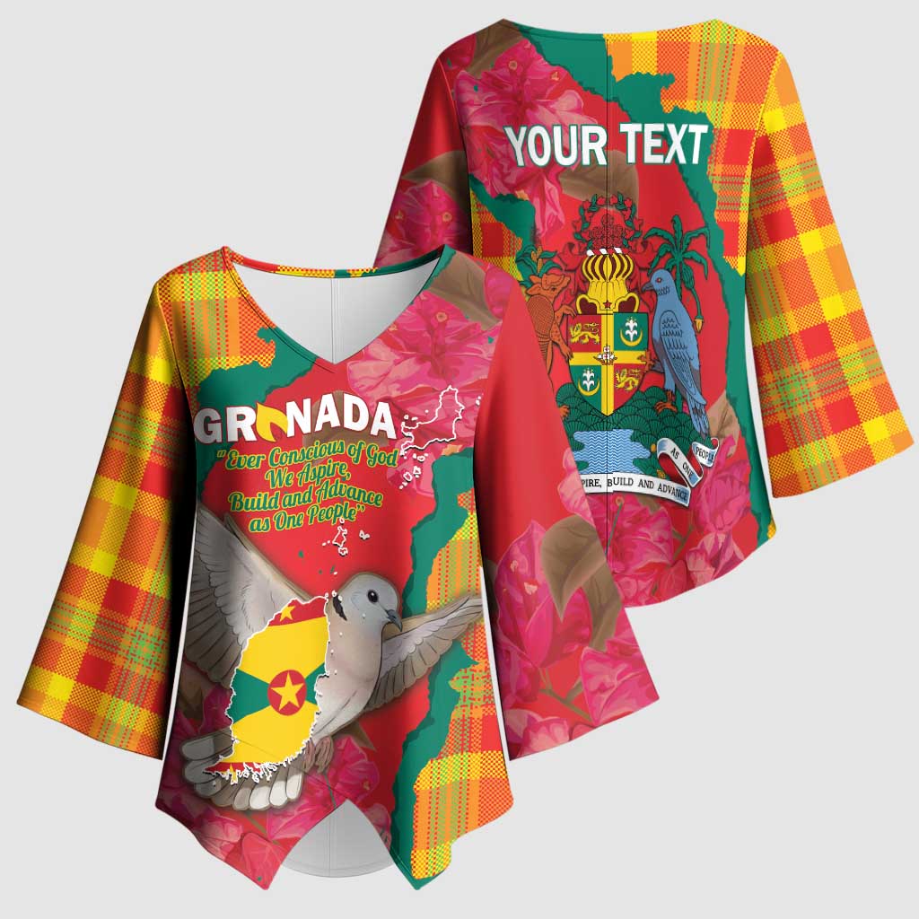 Grenada Independence Day Personalized Kimono Sleeve Blouse Tropical Dove Bougainvillea Madras Pattern