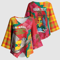 Grenada Independence Day Personalized Kimono Sleeve Blouse Tropical Dove Bougainvillea Madras Pattern