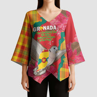 Grenada Independence Day Personalized Kimono Sleeve Blouse Tropical Dove Bougainvillea Madras Pattern