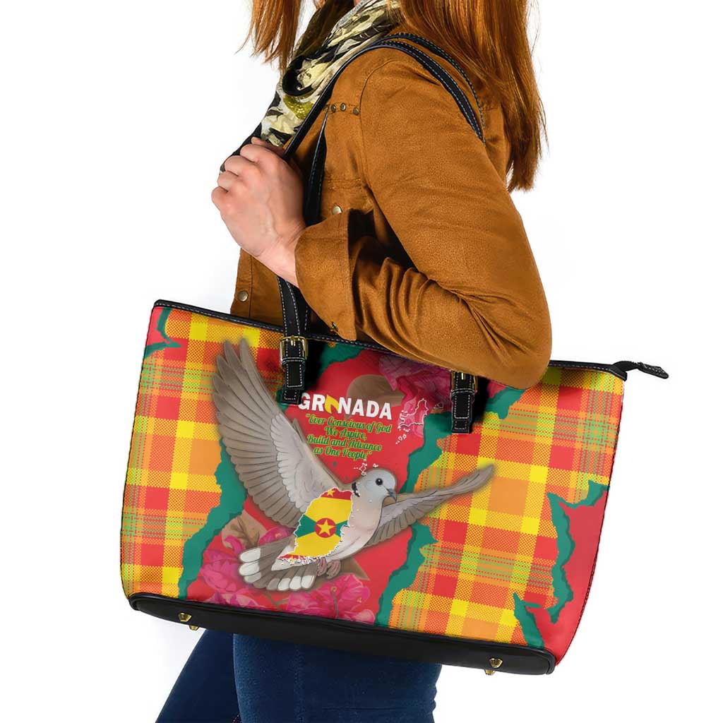 Grenada Independence Day Leather Tote Bag Tropical Dove Bougainvillea Madras Pattern