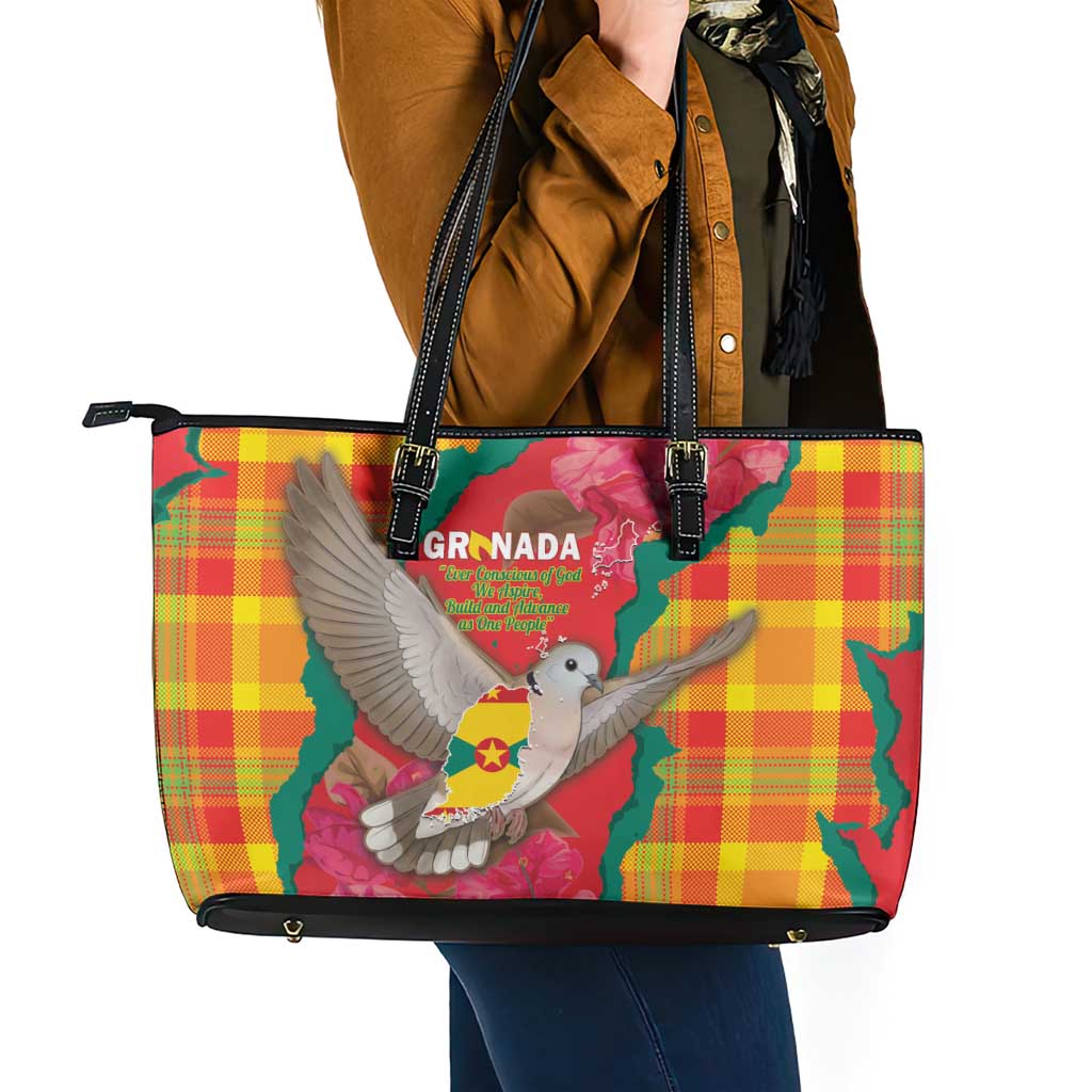 Grenada Independence Day Leather Tote Bag Tropical Dove Bougainvillea Madras Pattern