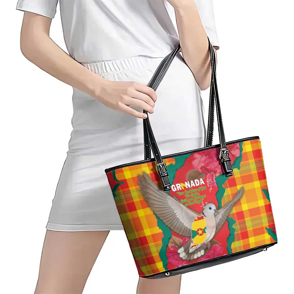Grenada Independence Day Leather Tote Bag Tropical Dove Bougainvillea Madras Pattern