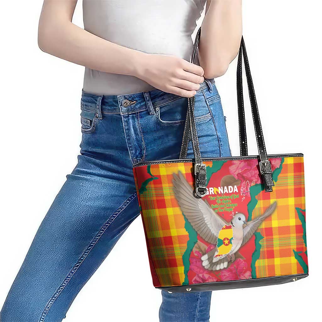 Grenada Independence Day Leather Tote Bag Tropical Dove Bougainvillea Madras Pattern