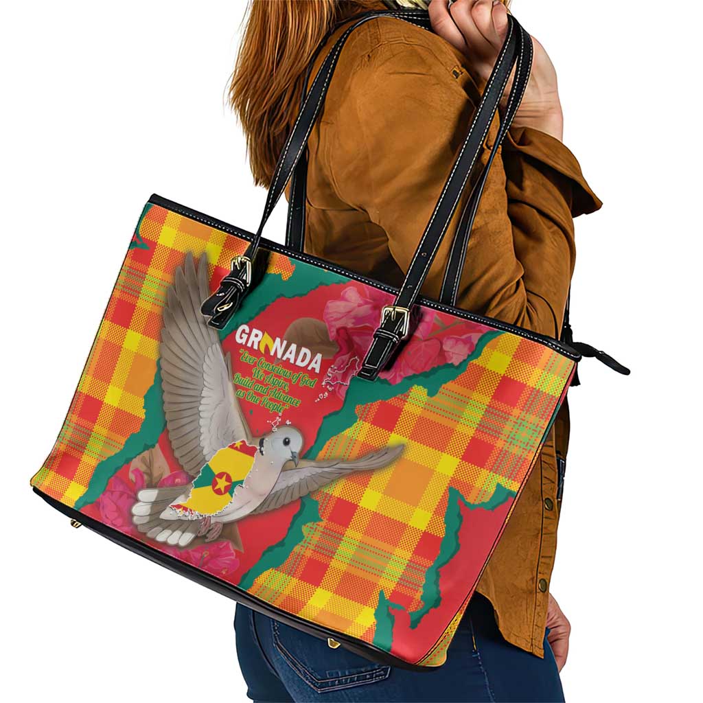 Grenada Independence Day Leather Tote Bag Tropical Dove Bougainvillea Madras Pattern