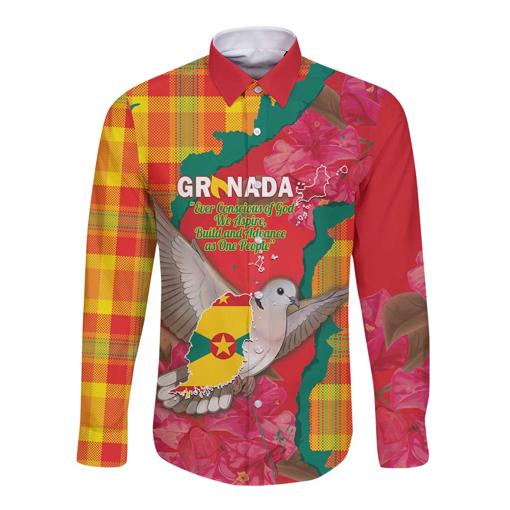 Grenada Independence Day Personalized Long Sleeve Button Shirt Tropical Dove Bougainvillea Madras Pattern
