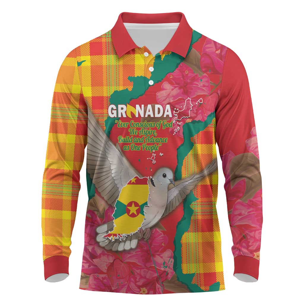 Grenada Independence Day Personalized Long Sleeve Polo Shirt Tropical Dove Bougainvillea Madras Pattern