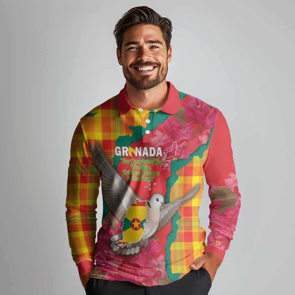 Grenada Independence Day Personalized Long Sleeve Polo Shirt Tropical Dove Bougainvillea Madras Pattern