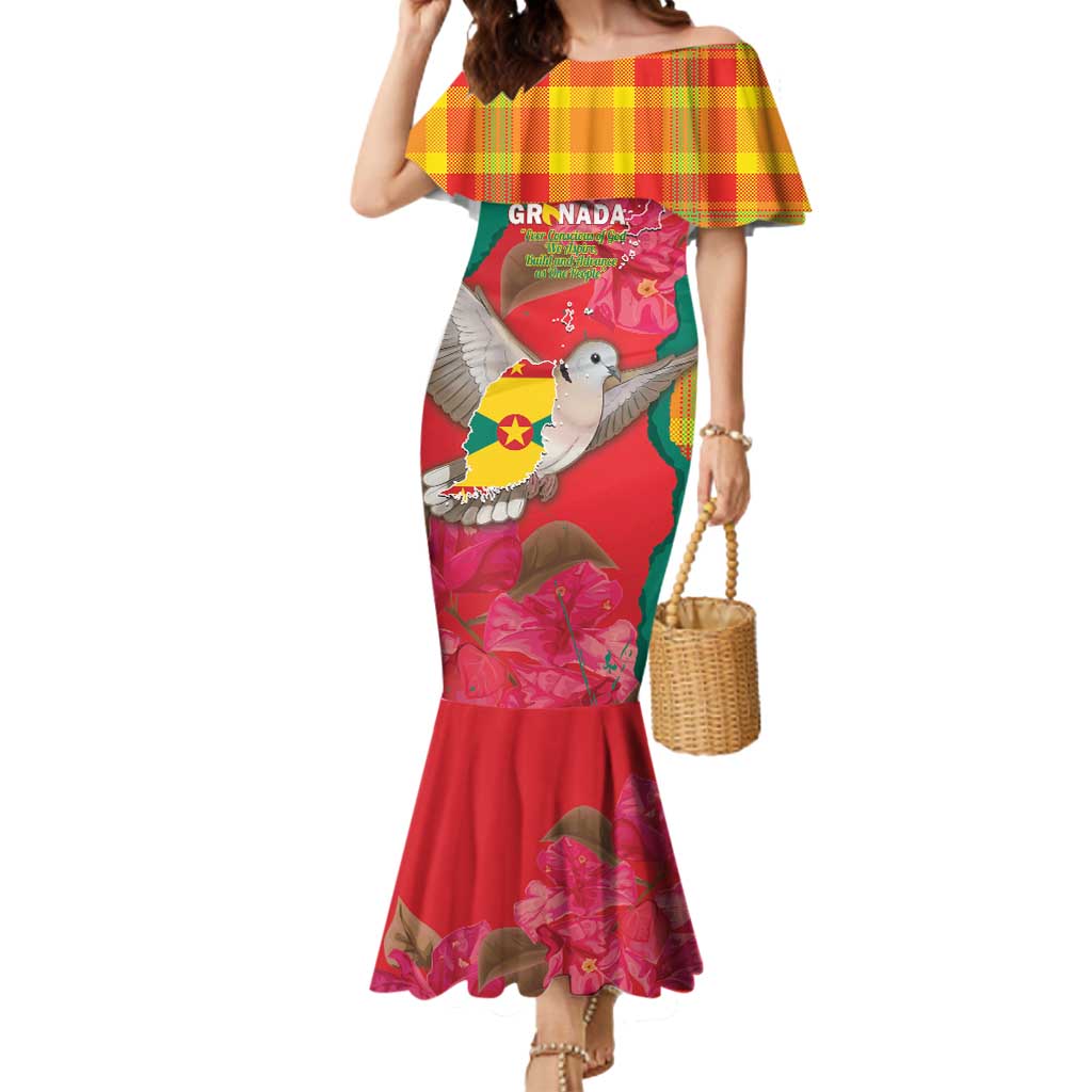 Grenada Independence Day Personalized Mermaid Dress Tropical Dove Bougainvillea Madras Pattern