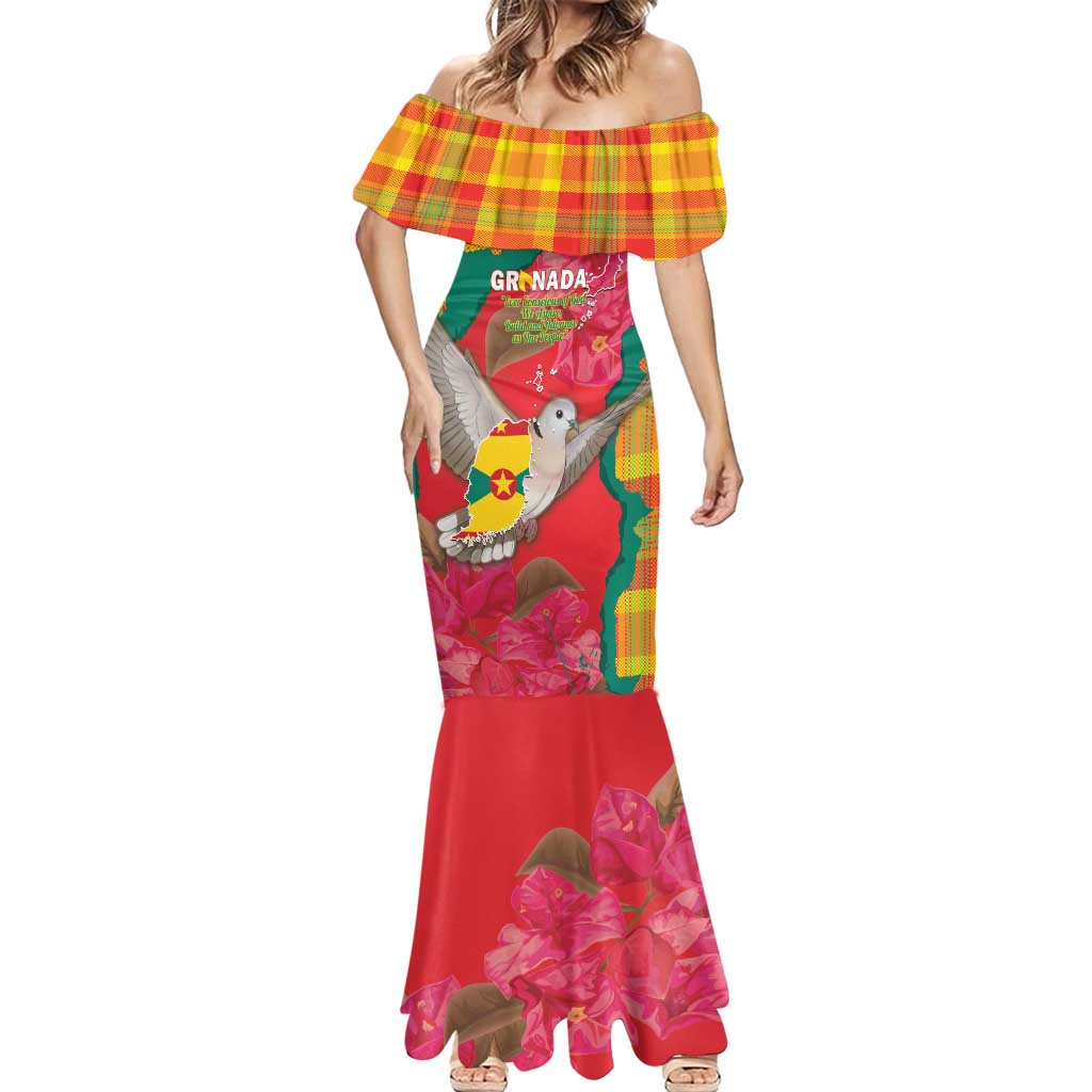 Grenada Independence Day Personalized Mermaid Dress Tropical Dove Bougainvillea Madras Pattern