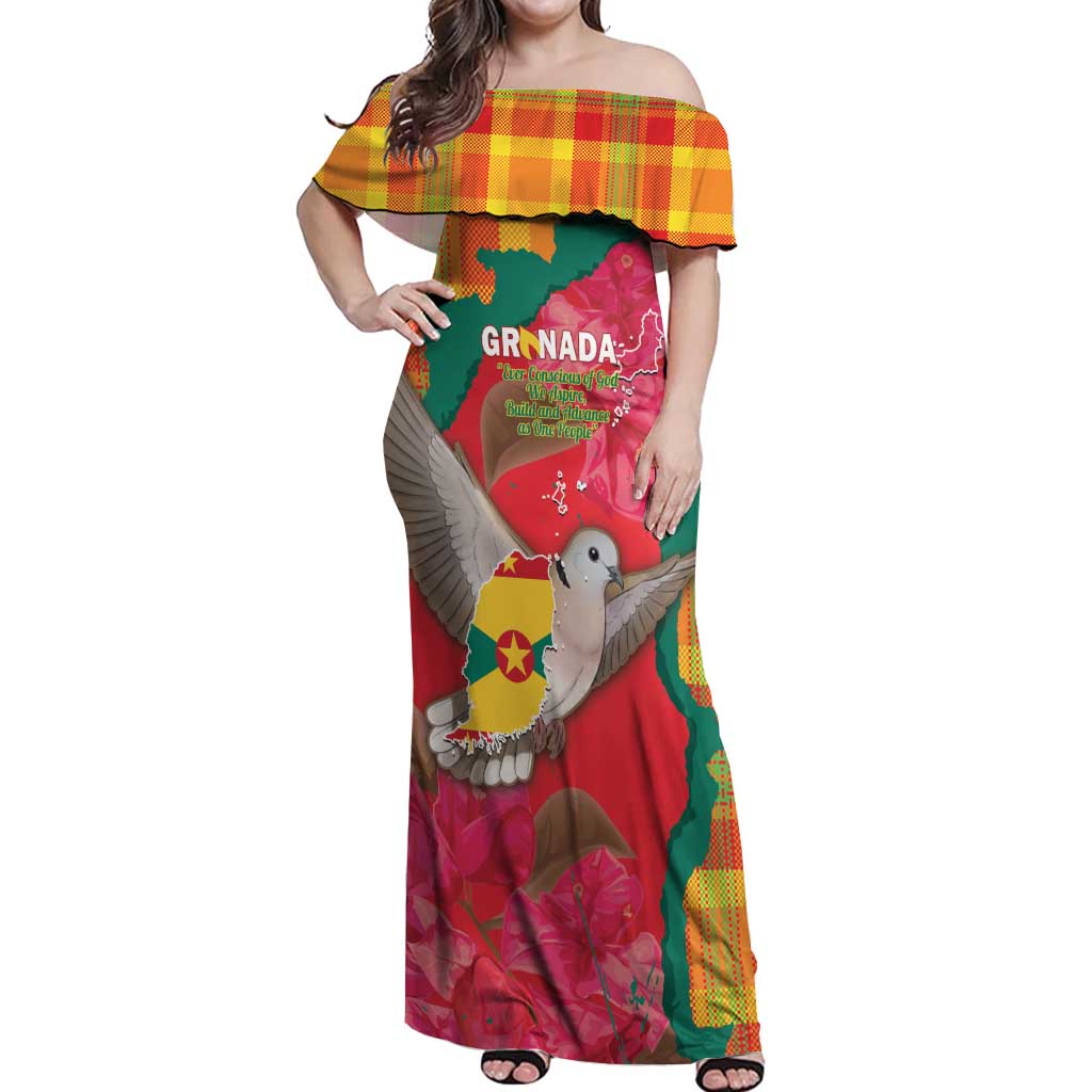 Grenada Independence Day Personalized Off Shoulder Maxi Dress Tropical Dove Bougainvillea Madras Pattern