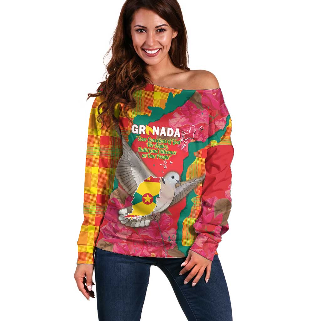 Grenada Independence Day Personalized Off Shoulder Sweater Tropical Dove Bougainvillea Madras Pattern