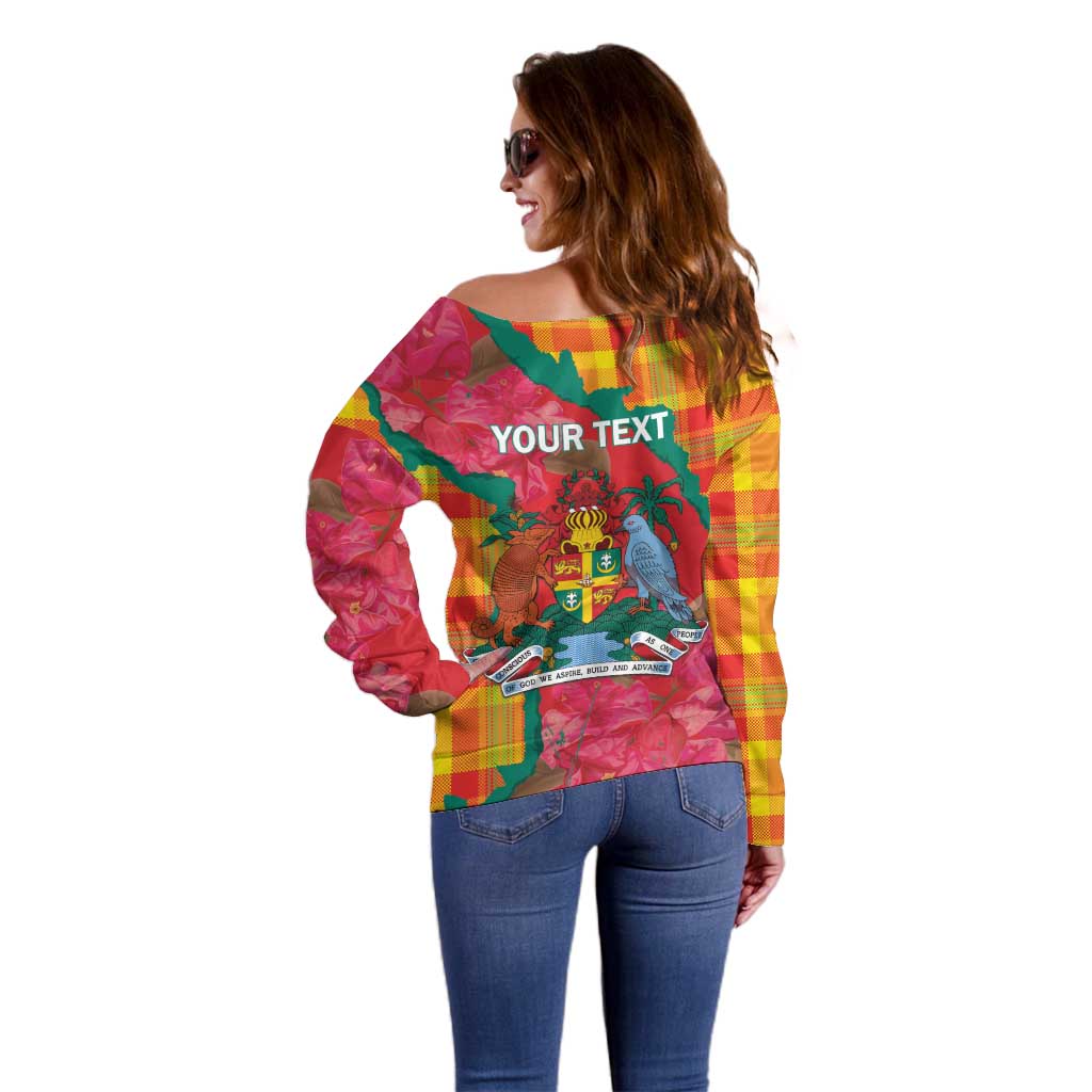 Grenada Independence Day Personalized Off Shoulder Sweater Tropical Dove Bougainvillea Madras Pattern