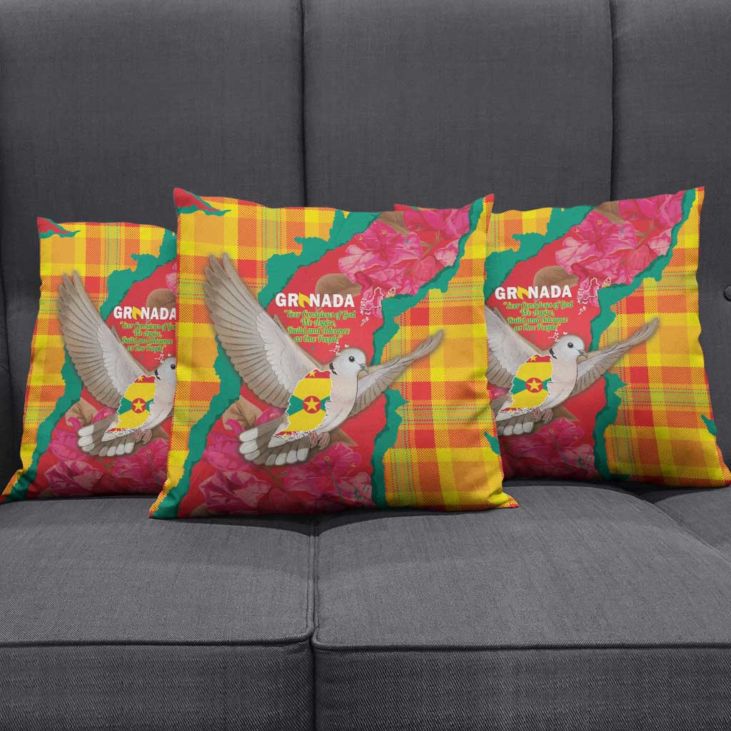 Grenada Independence Day Pillow Cover Tropical Dove Bougainvillea Madras Pattern