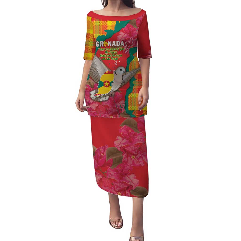 Grenada Independence Day Personalized Puletasi Tropical Dove Bougainvillea Madras Pattern