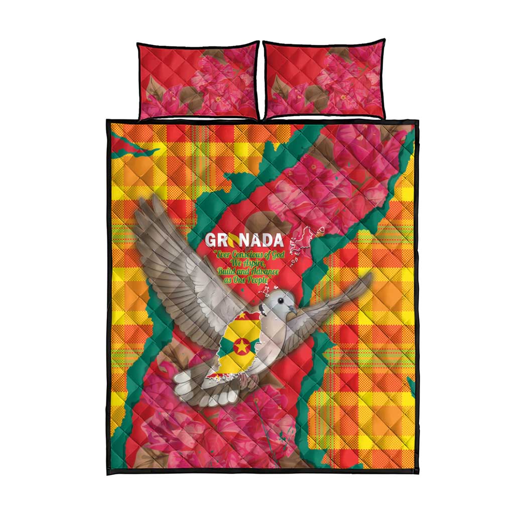 Grenada Independence Day Quilt Bed Set Tropical Dove Bougainvillea Madras Pattern