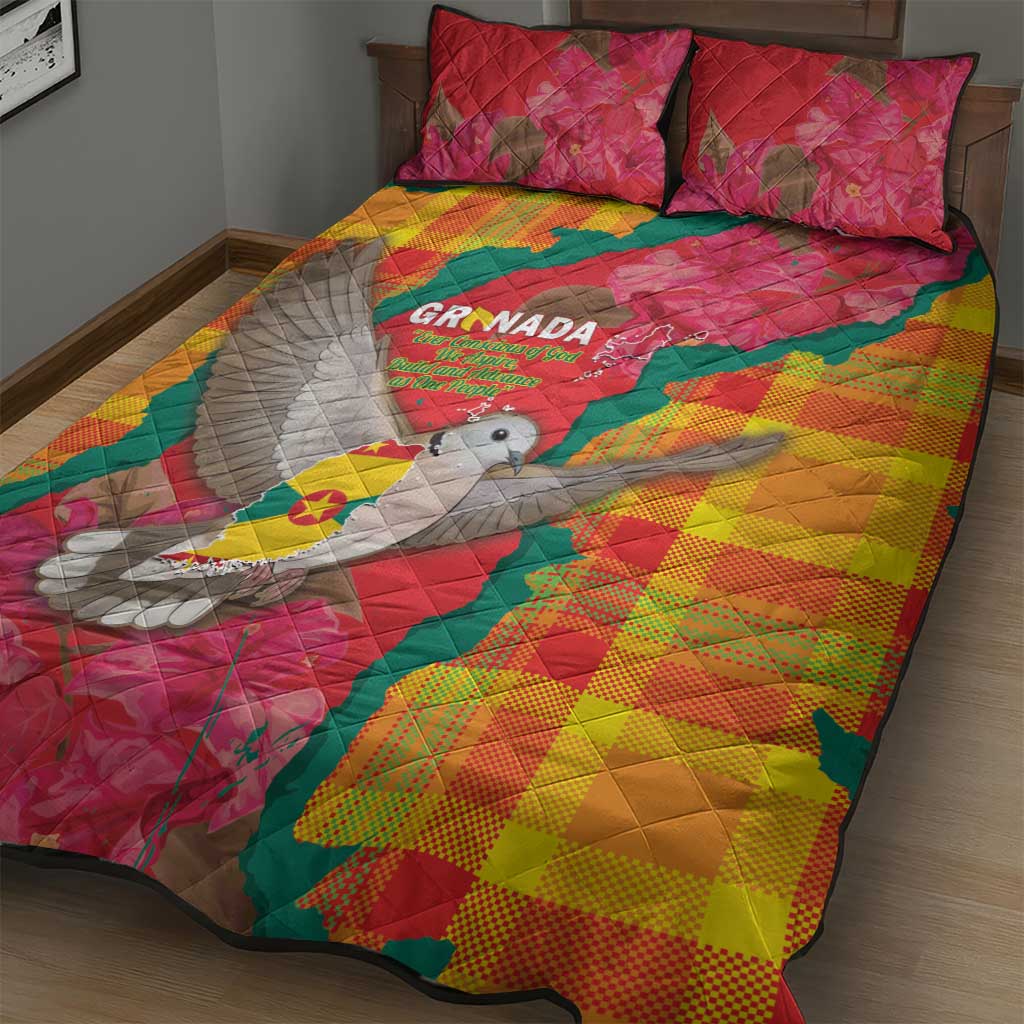 Grenada Independence Day Quilt Bed Set Tropical Dove Bougainvillea Madras Pattern