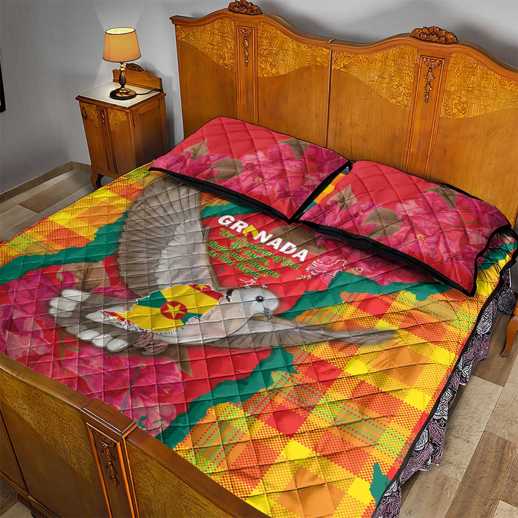 Grenada Independence Day Quilt Bed Set Tropical Dove Bougainvillea Madras Pattern