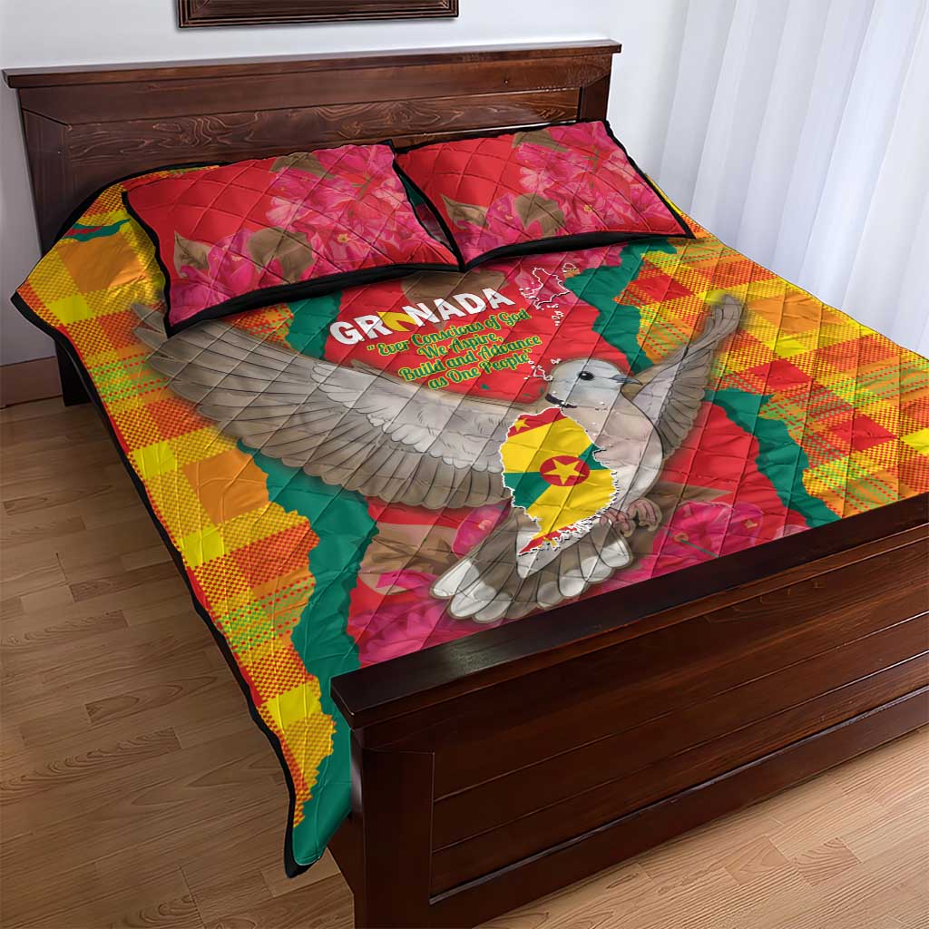 Grenada Independence Day Quilt Bed Set Tropical Dove Bougainvillea Madras Pattern