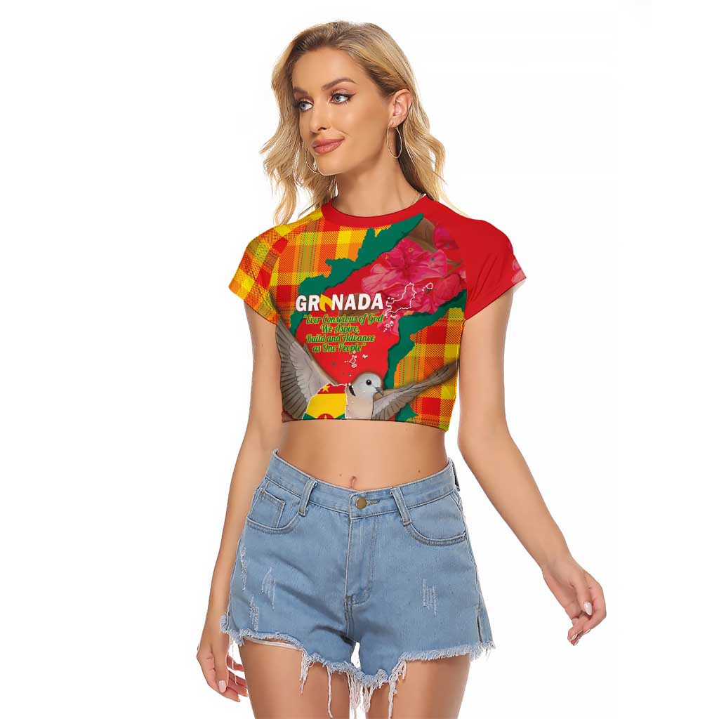 Grenada Independence Day Personalized Raglan Cropped T Shirt Tropical Dove Bougainvillea Madras Pattern