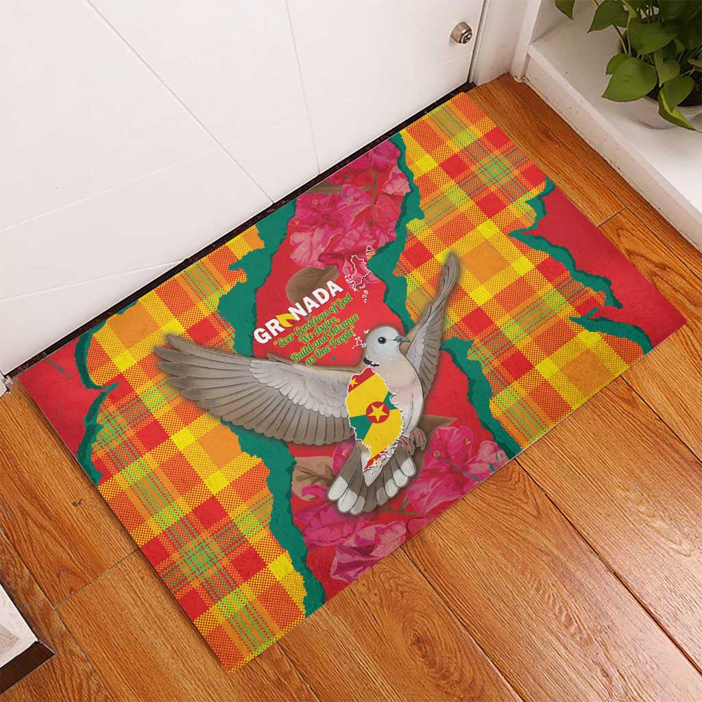 Grenada Independence Day Rubber Doormat Tropical Dove Bougainvillea Madras Pattern