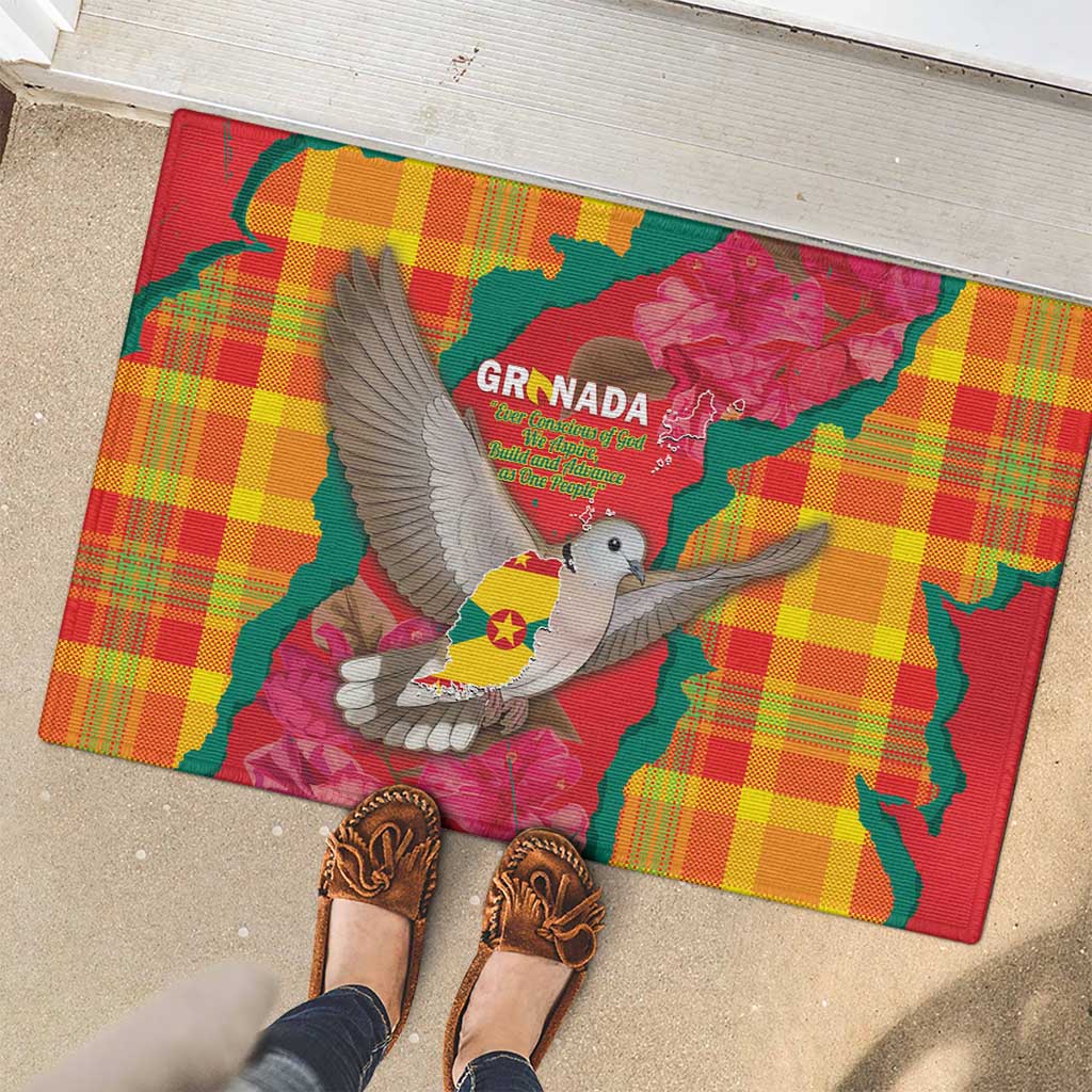 Grenada Independence Day Rubber Doormat Tropical Dove Bougainvillea Madras Pattern
