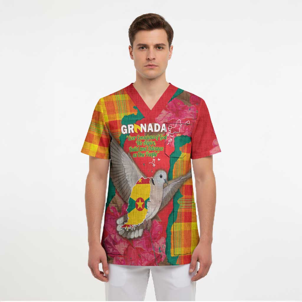 Grenada Independence Day Personalized Scrub Top Tropical Dove Bougainvillea Madras Pattern