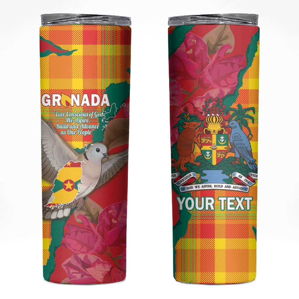 Grenada Independence Day Personalized Skinny Tumbler Tropical Dove Bougainvillea Madras Pattern