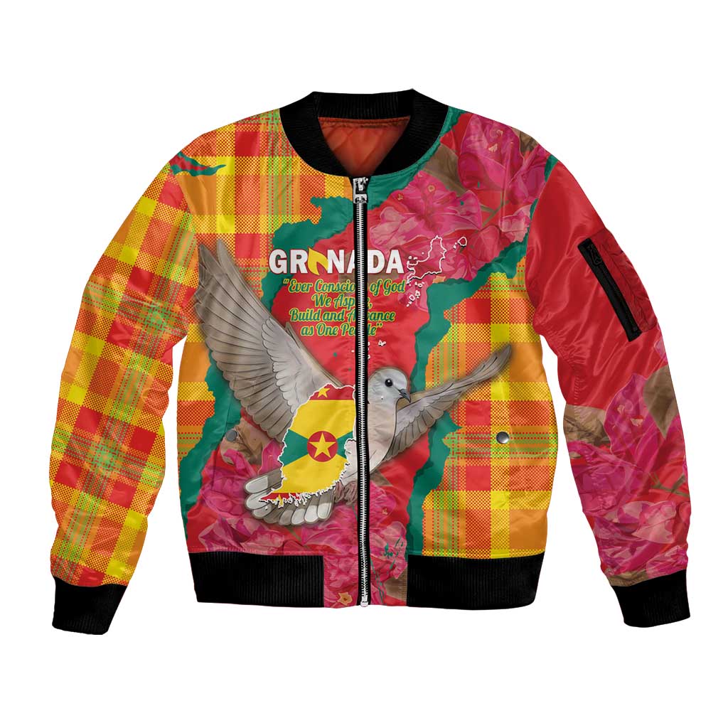 Grenada Independence Day Personalized Sleeve Zip Bomber Jacket Tropical Dove Bougainvillea Madras Pattern