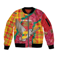 Grenada Independence Day Personalized Sleeve Zip Bomber Jacket Tropical Dove Bougainvillea Madras Pattern