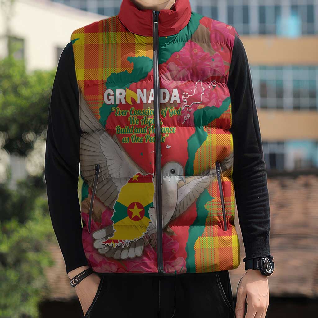 Grenada Independence Day Personalized Sleeveless Puffer Jacket Tropical Dove Bougainvillea Madras Pattern