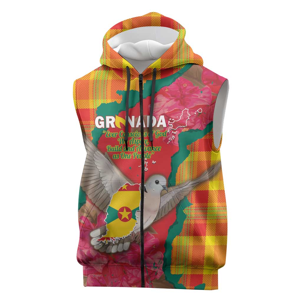 Grenada Independence Day Personalized Sleeveless Zip Hoodie Tropical Dove Bougainvillea Madras Pattern