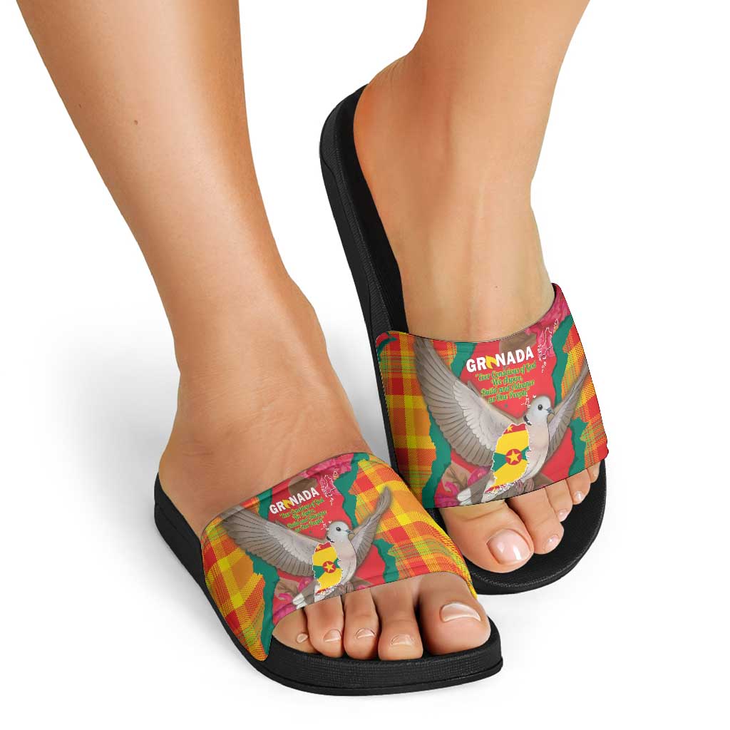 Grenada Independence Day Slide Sandals Tropical Dove Bougainvillea Madras Pattern