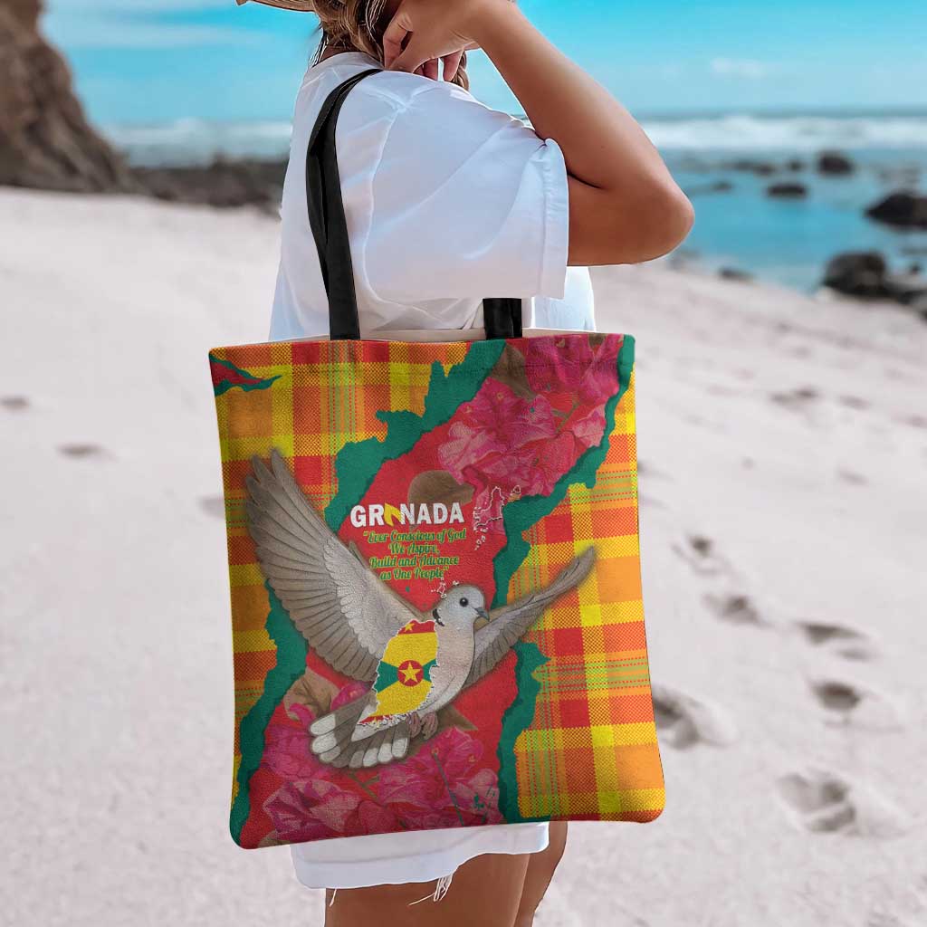 Grenada Independence Day Tote Bag Tropical Dove Bougainvillea Madras Pattern