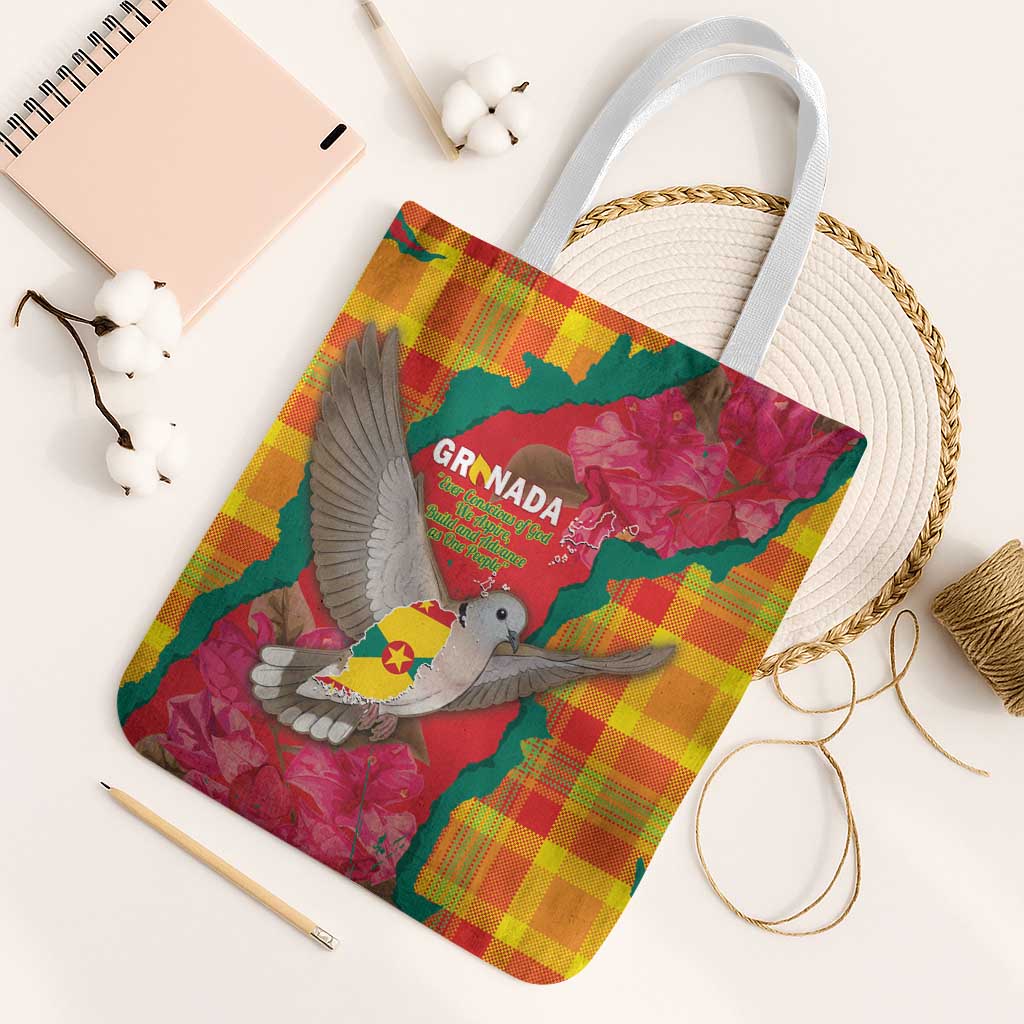 Grenada Independence Day Tote Bag Tropical Dove Bougainvillea Madras Pattern