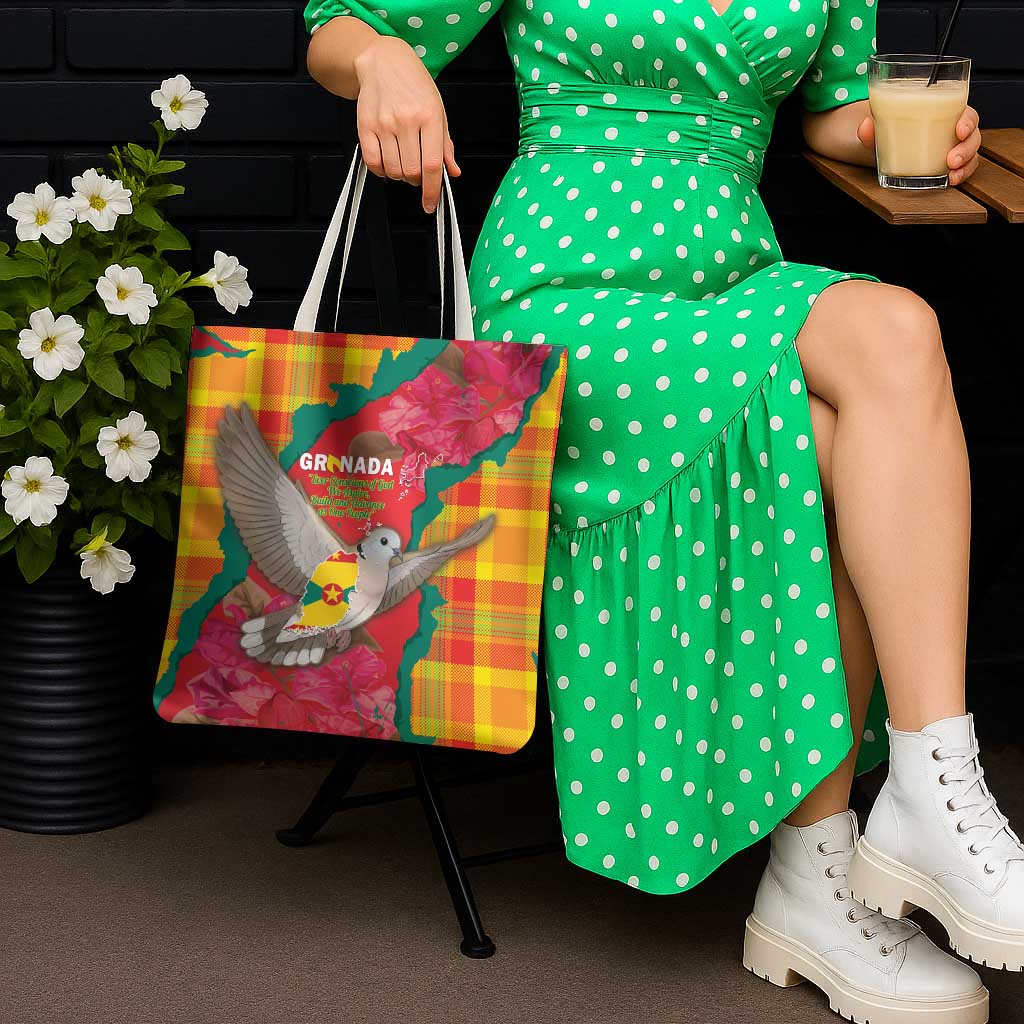 Grenada Independence Day Tote Bag Tropical Dove Bougainvillea Madras Pattern