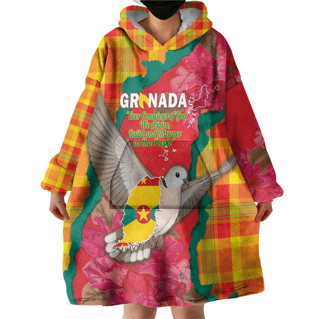 Grenada Independence Day Personalized Wearable Blanket Hoodie Tropical Dove Bougainvillea Madras Pattern