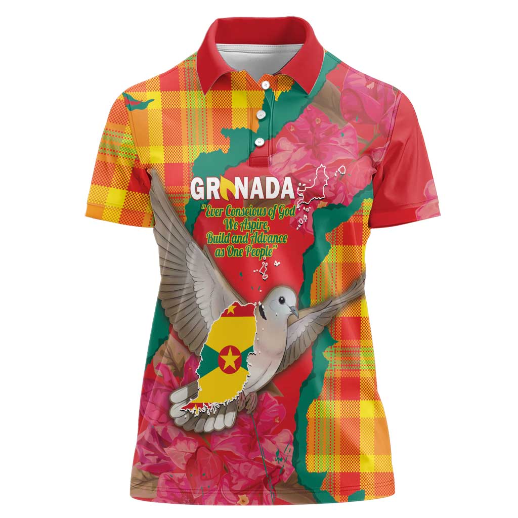 Grenada Independence Day Personalized Women Polo Shirt Tropical Dove Bougainvillea Madras Pattern