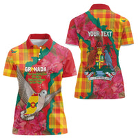 Grenada Independence Day Personalized Women Polo Shirt Tropical Dove Bougainvillea Madras Pattern