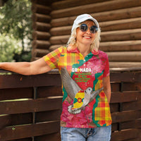 Grenada Independence Day Personalized Women Polo Shirt Tropical Dove Bougainvillea Madras Pattern