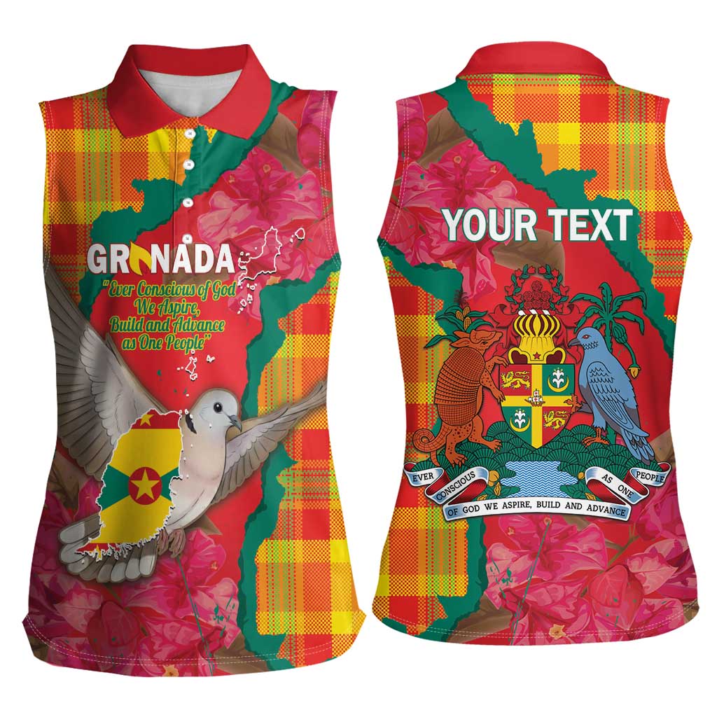 Grenada Independence Day Personalized Women Sleeveless Polo Shirt Tropical Dove Bougainvillea Madras Pattern