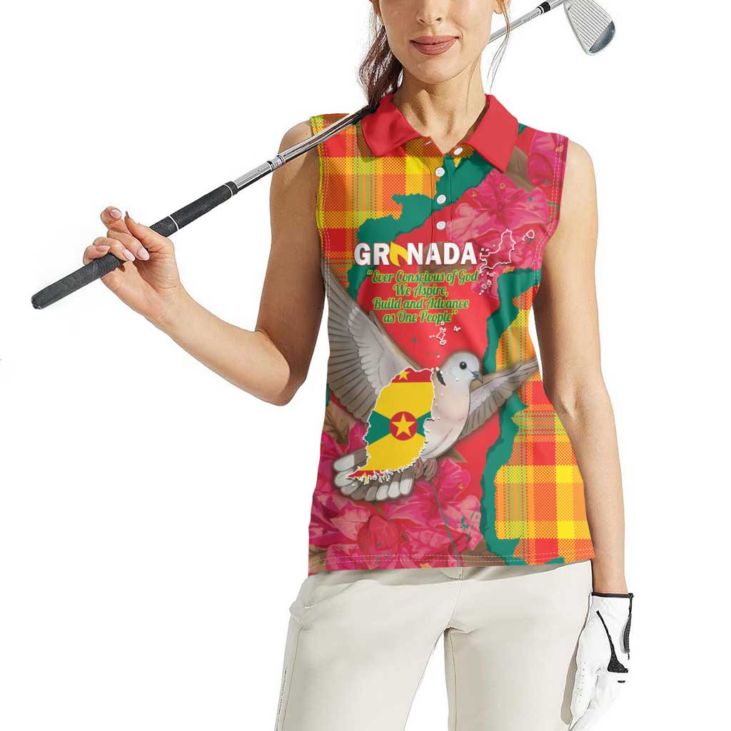 Grenada Independence Day Personalized Women Sleeveless Polo Shirt Tropical Dove Bougainvillea Madras Pattern